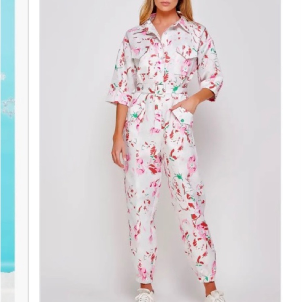 Pink floral belted jumpsuit